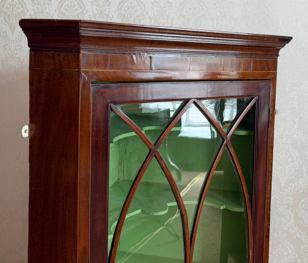 A mahogany wall-hanging corner cupboard featuring an astragal glazed door with oval tracery opening to reveal green shelves. View III