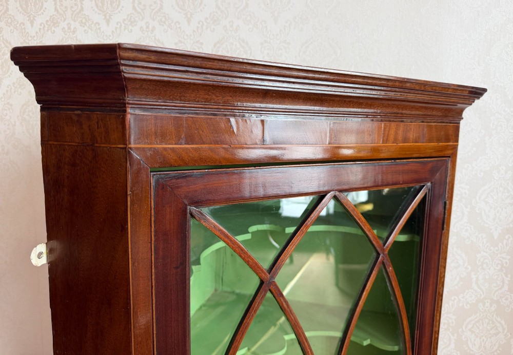 A mahogany wall-hanging corner cupboard featuring an astragal glazed door with oval tracery opening to reveal green shelves. View IV