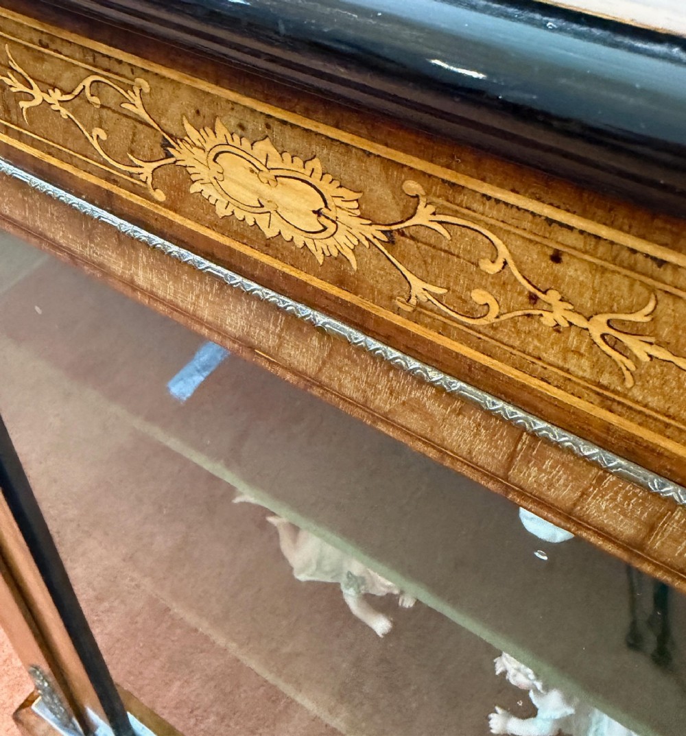 A Victorian burr walnut pier cabinet with floral marquetry inlay, ornate gilt brass mounts, and a single glazed door disclosing velvet-lined shelving. View VI