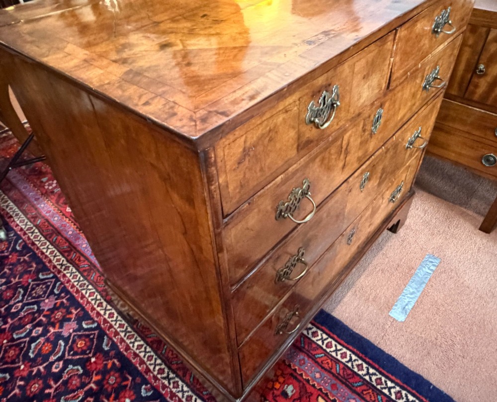 An antique burr walnut chest of drawers featuring two short over three long drawers with ornate brass drop handles and bracket feet. View VIII