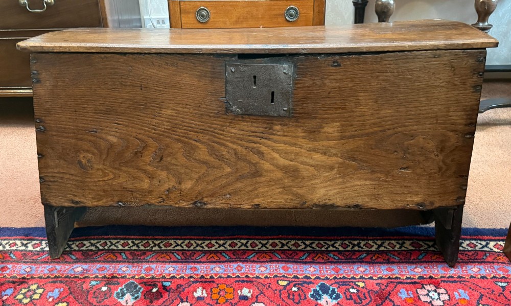 A dark oak antique plank sword chest featuring a central iron lockplate and bootjack end supports.