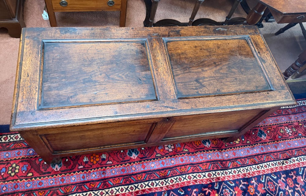 An antique oak coffer featuring a hinged rectangular top, two recessed front panels, and a central iron keyhole escutcheon resting on short block feet. View IV