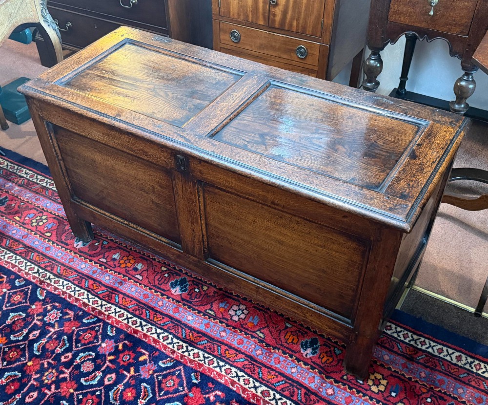 An antique oak coffer featuring a hinged rectangular top, two recessed front panels, and a central iron keyhole escutcheon resting on short block feet. View V