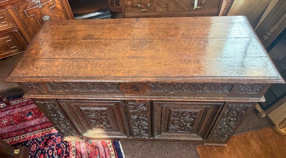 A 17th-century dark oak coffer featuring hand-carved vine and grape motifs across three front panels. View V