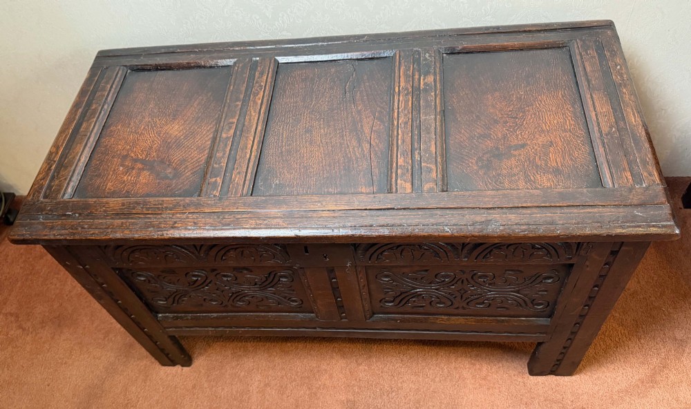 A seventeenth-century dark oak coffer with a panelled top, carved foliage front panels, carved frieze, and a wrought iron lockplate. View IV