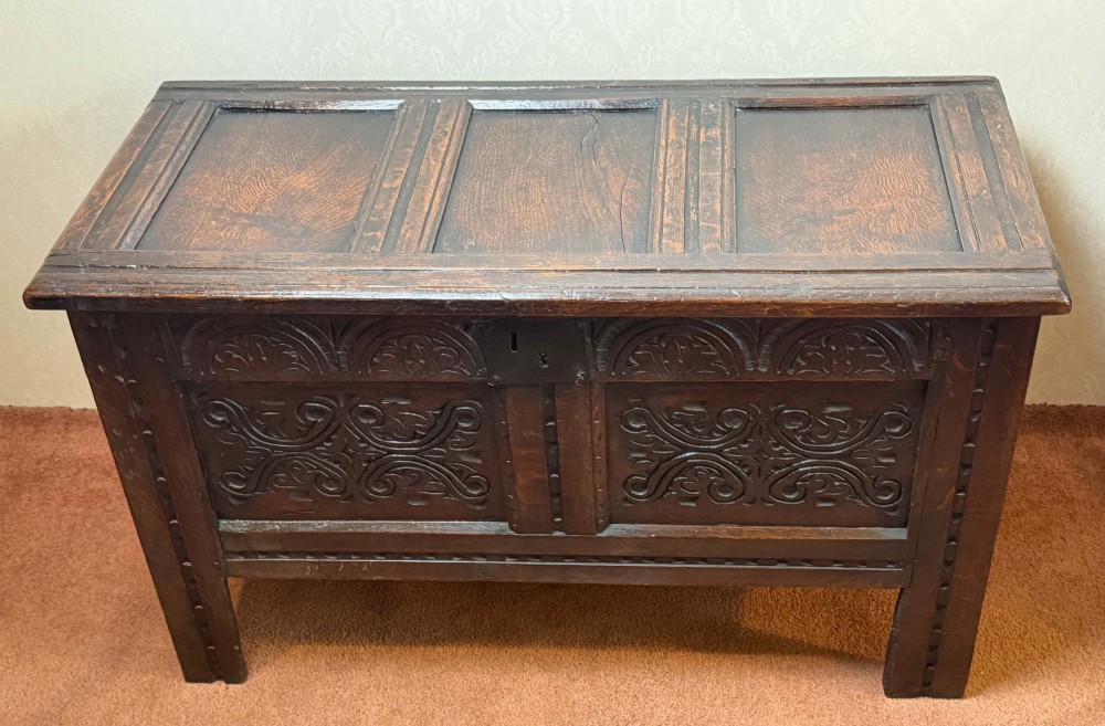 A seventeenth-century dark oak coffer with a panelled top, carved foliage front panels, carved frieze, and a wrought iron lockplate. View V