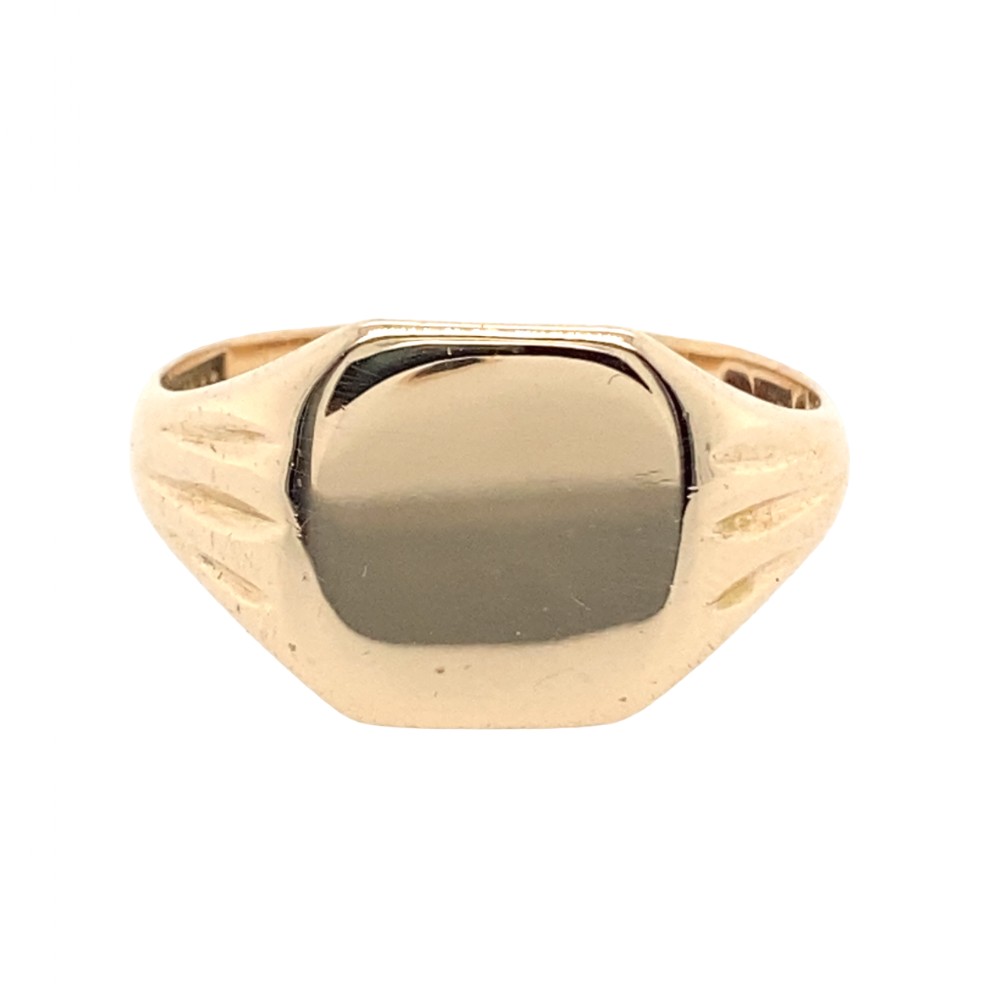 A solid 9ct yellow gold signet ring featuring a polished cushion-shaped flat head and grooved shoulders.