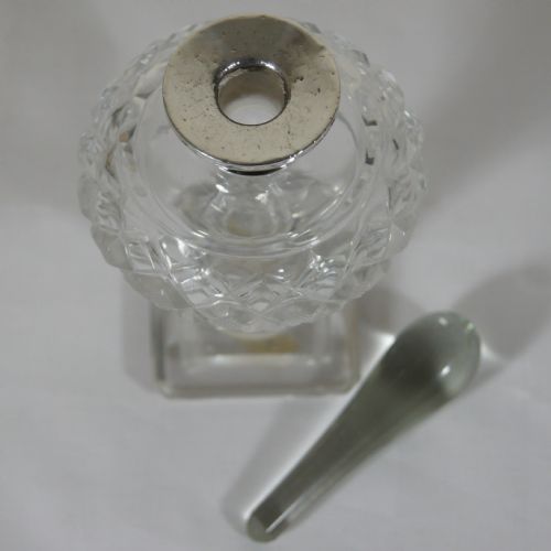 CUT GLASS SCENT BOTTLE WITH GLASS STOPPER AND LONDON 1930 STERLING SILVER COLLAR - ADDITIONAL PHOTO 1