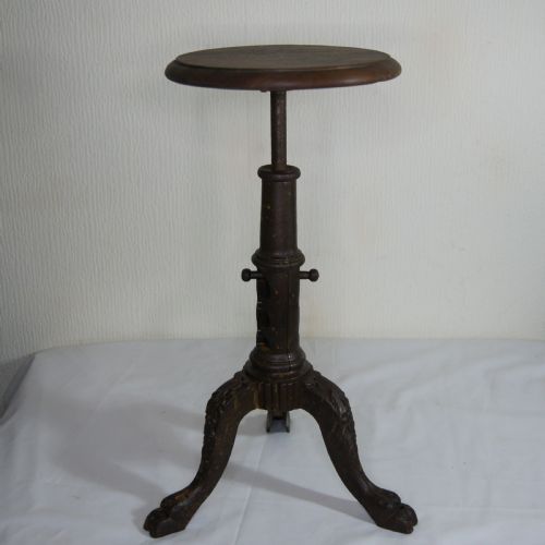 VICTORIAN ADJUSTABLE CAST IRON INDUSTRIAL STOOL WITH REVOLVING MAHOGANY SEAT