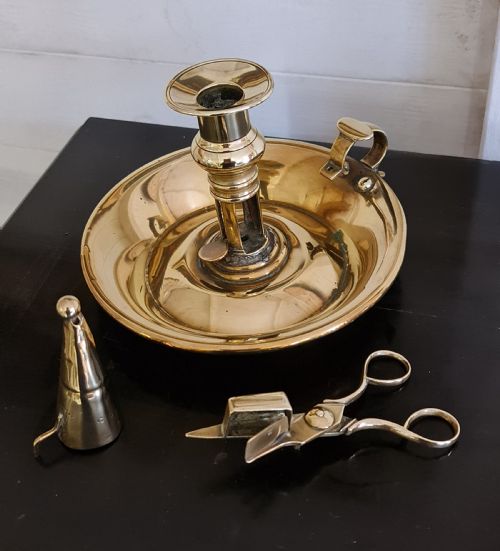 Antique Rare Find Chamber Candle Stick with Scissors, Cutting Wick, & Snuffer
