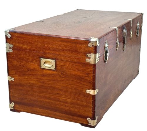 fig 3. A large nineteenth-century camphor wood campaign trunk featuring brass corner mounts, heavy latches, and exposed dovetail joints.