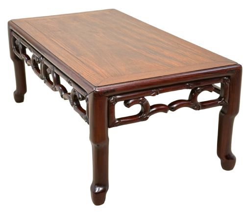 fig 1. A 19th-century Chinese hardwood coffee table with a rectangular inset top, openwork carved bamboo apron, and low legs.