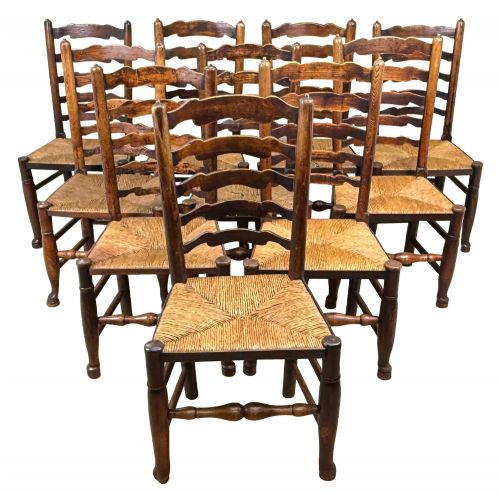 SET OF 10 GEORGIAN LADDERBACK FARMHOUSE KITCHEN DINING CHAIRS EARLY 19TH CENTURY - ADDITIONAL PHOTO 12