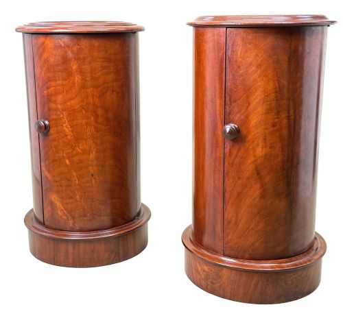 MATCHED PAIR OF 19TH CENTURY MAHOGANY CYLINDRICAL BEDSIDE NIGHT TABLES