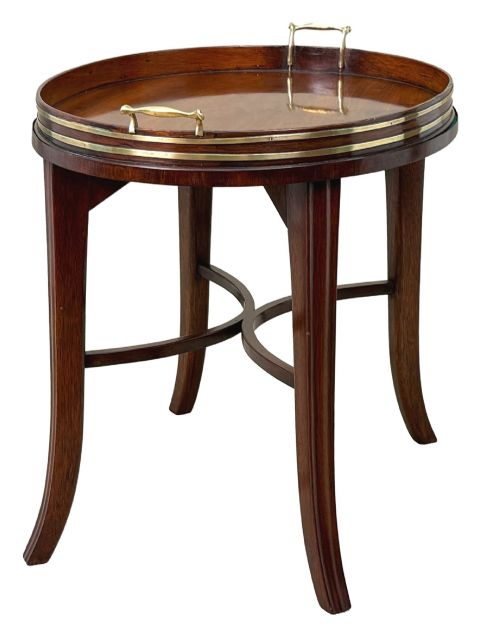 GEORGIAN MAHOGANY OVAL TRAY ON STAND WITH BRASS BOUND DECORATION - ADDITIONAL PHOTO 1