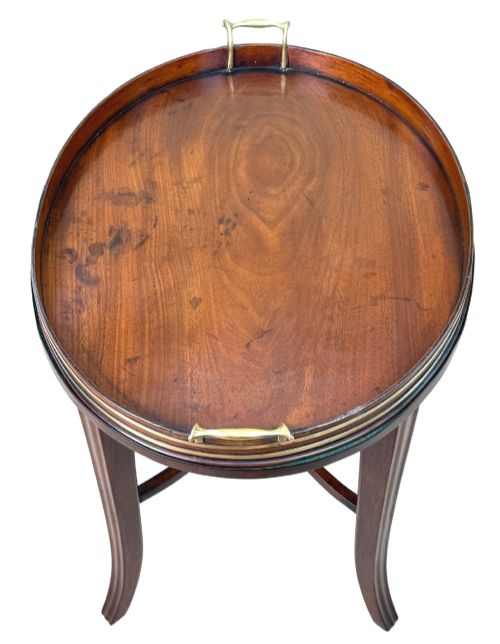 GEORGIAN MAHOGANY OVAL TRAY ON STAND WITH BRASS BOUND DECORATION - ADDITIONAL PHOTO 2