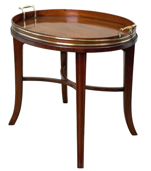 GEORGIAN MAHOGANY OVAL TRAY ON STAND WITH BRASS BOUND DECORATION - ADDITIONAL PHOTO 6