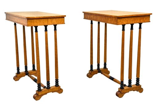fig 1. A pair of Regency birdseye maple occasional tables featuring quadrupled slender turned legs with ebonised details and a stretcher base.
