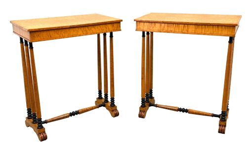 fig 3. A pair of Regency birdseye maple occasional tables featuring quadrupled slender turned legs with ebonised details and a stretcher base.