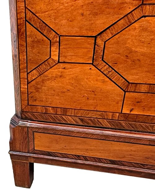 fig 2. An 18th-century George II satinwood and kingwood parquetry box cellarette with brass carrying handles on square legs.