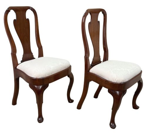 fig 1. A pair of early 18th-century Queen Anne walnut side chairs featuring vase-shaped back splats, curved cabriole front legs, and cream upholstered drop-in seats.