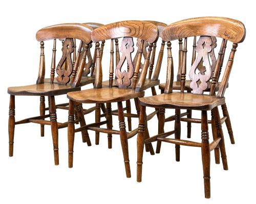 True Set of 6 Mid 19th Century Farmhouse Kitchen Windsor Dining Chairs