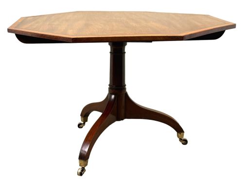 fig 3. An 18th-century Georgian mahogany octagonal centre table with inlaid crossbanding, a central pedestal column, and tripod legs on brass castors.