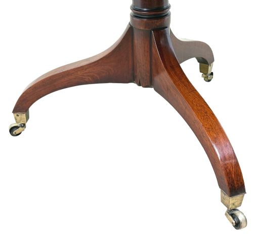 fig 5. An 18th-century Georgian mahogany octagonal centre table with inlaid crossbanding, a central pedestal column, and tripod legs on brass castors.