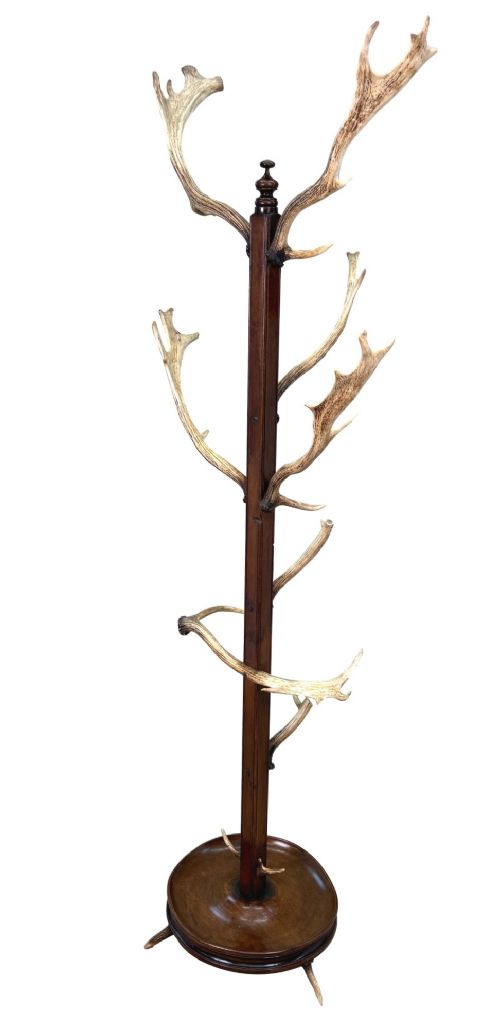 A 19th-century dark walnut hall stand featuring a central turned column mounted with stag antler hooks and a circular dish base. View VI