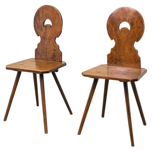 Pair of Fruitwood Folk Art Swiss Escabelle Hall Chairs, Mid 19th Century