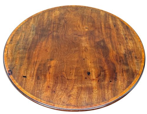 fig 1. Late eighteenth-century George III mahogany circular lamp table featuring a fluted stem and four reeded legs with brass castors.