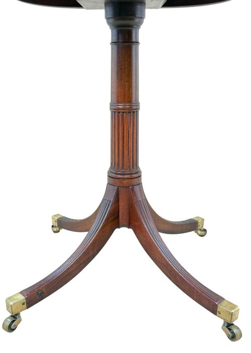 fig 2. Late eighteenth-century George III mahogany circular lamp table featuring a fluted stem and four reeded legs with brass castors.