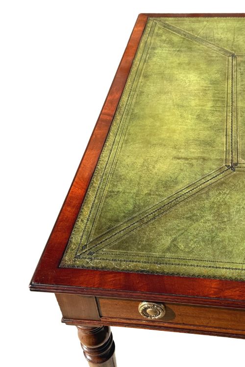 fig 4. A large 19th-century Georgian mahogany partners writing table with frieze drawers, brass handles, turned legs, and a dark leather writing surface.