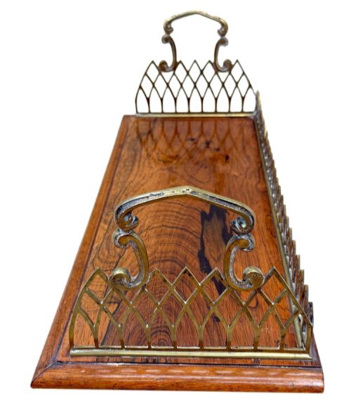 fig 1. A rectangular rosewood desk tray with a polished grain surface, featuring decorative pointed brass gallery borders and arched carrying handles at each end.