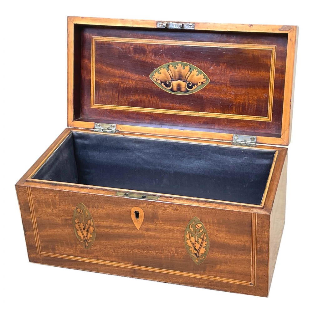 A rectangular Georgian mahogany tea caddy featuring marquetry oval leaf medallions, boxwood stringing, a teardrop escutcheon, and a brass top handle. View II
