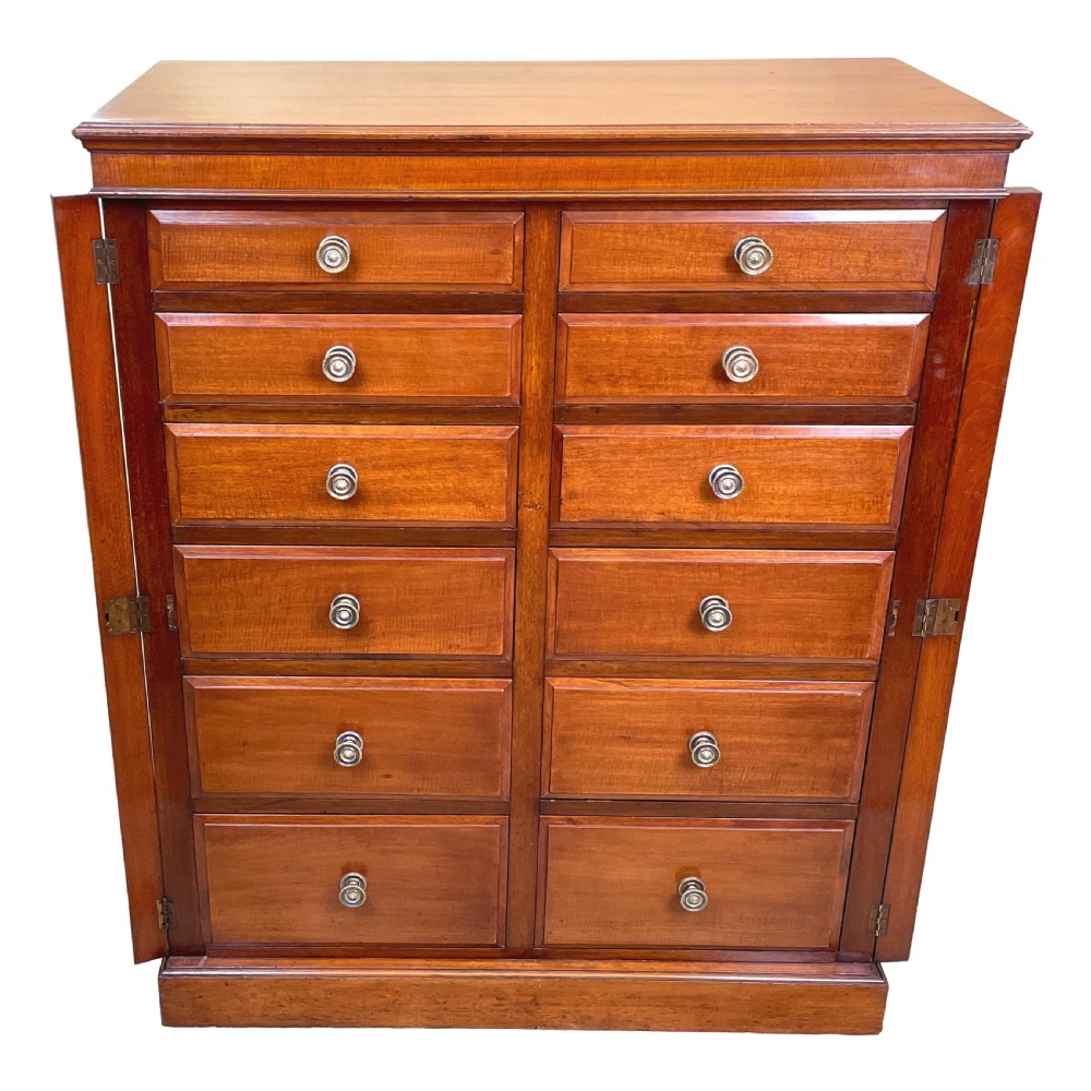 A tall Victorian mahogany double Wellington chest featuring twelve drawers arranged in two parallel columns with turned wooden knobs and side locking stiles. View IX