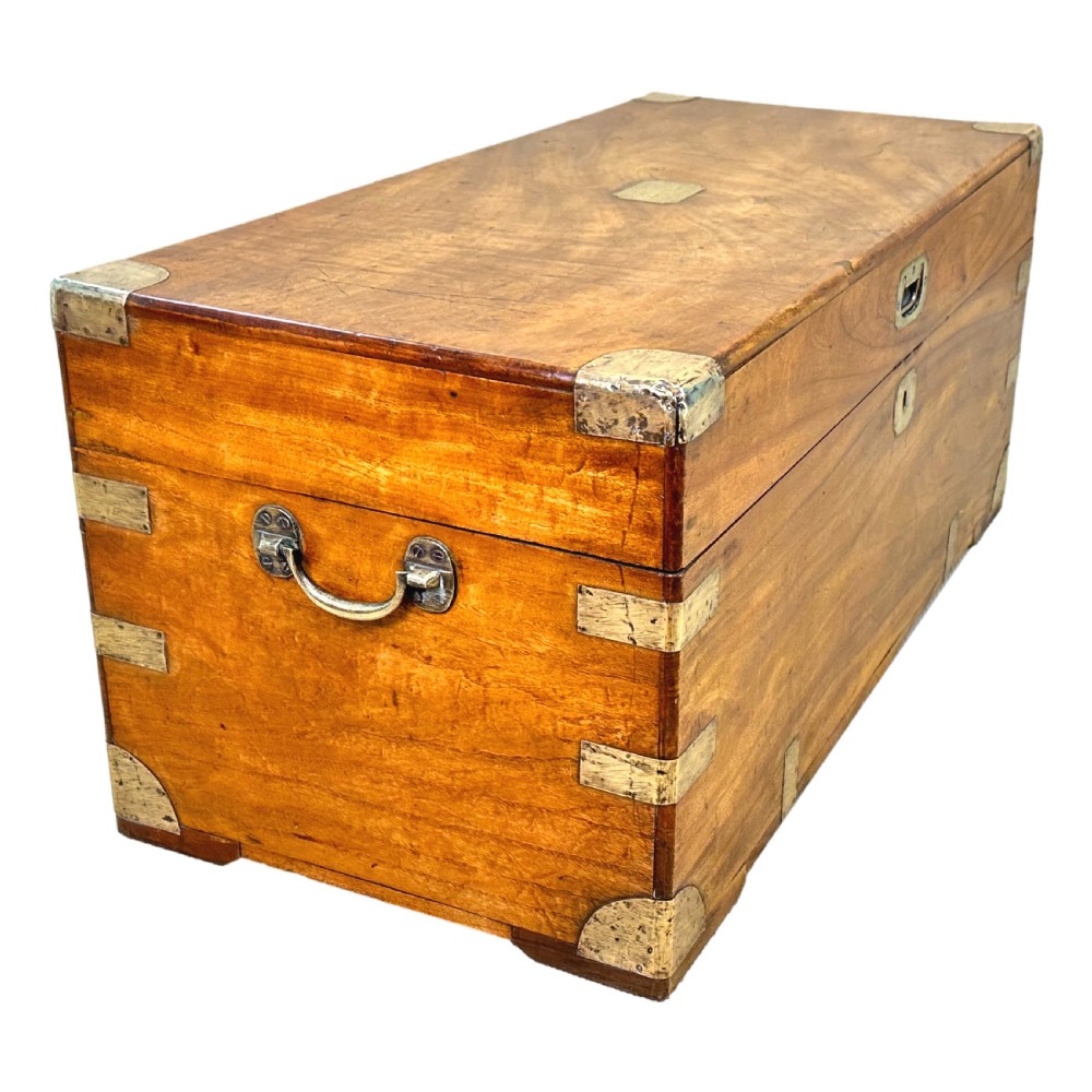 A 19th-century rectangular camphor wood campaign trunk featuring brass corner brackets, flush side handles, and a brass keyhole escutcheon. View III