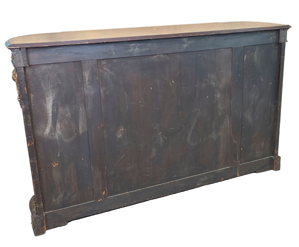 A Victorian burr walnut credenza featuring central marquetry doors flanked by bowed glazed side cabinets with gilt metal mounts. View XIII