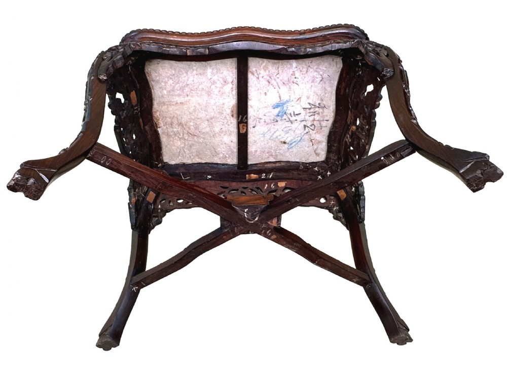 A 19th-century rectangular dark hardwood low table with an inset marble panel top, deeply carved floral apron, and cabriole legs. View X