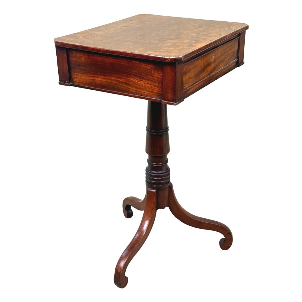 A Georgian mahogany side table featuring a rectangular top with a single drawer, supported by a central turned pedestal stem and a tripod base. View III