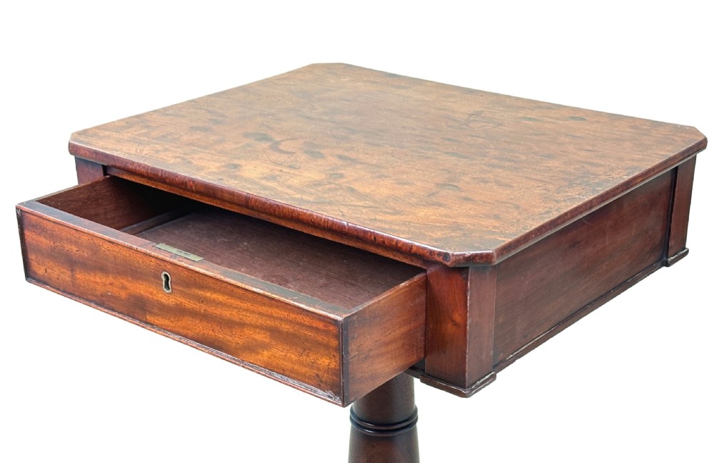A Georgian mahogany side table featuring a rectangular top with a single drawer, supported by a central turned pedestal stem and a tripod base. View VI