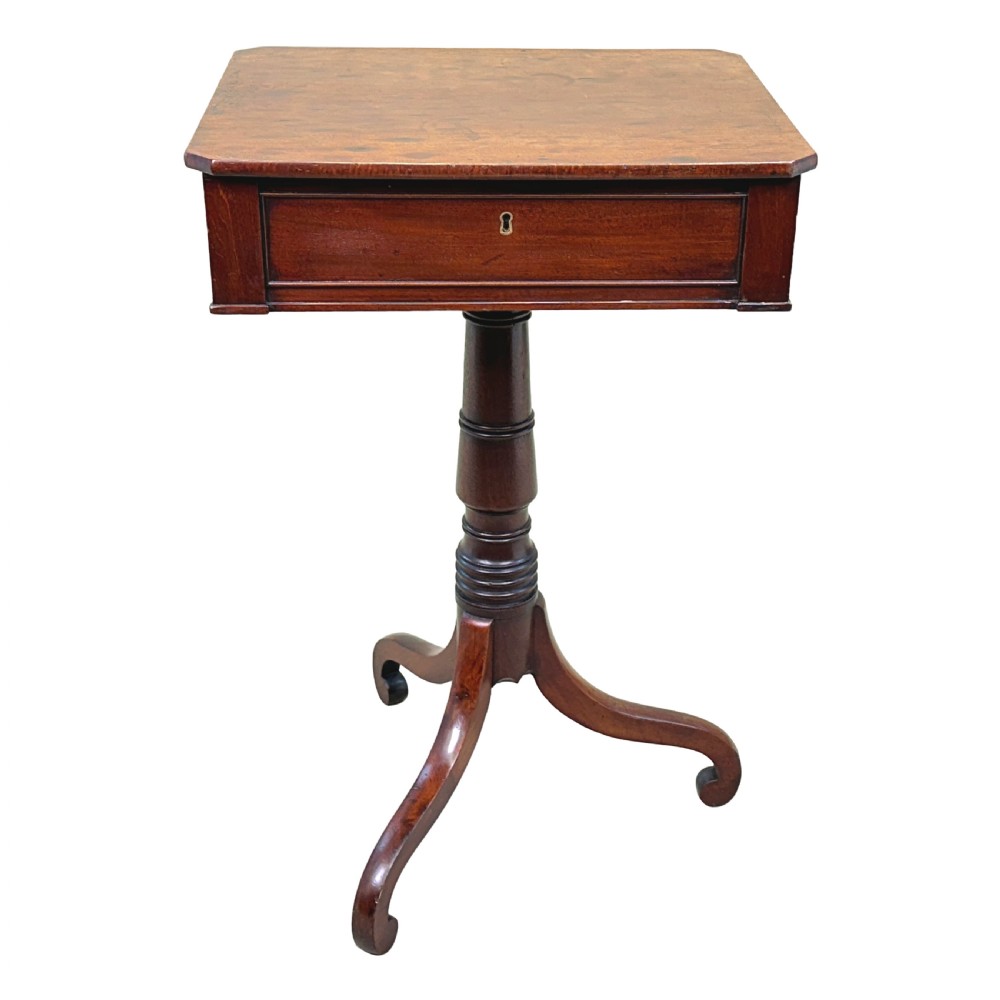 A Georgian mahogany side table featuring a rectangular top with a single drawer, supported by a central turned pedestal stem and a tripod base. View IX