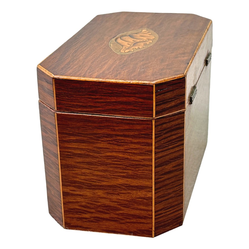 An octagonal wooden tea caddy in warm brown timber featuring marquetry shell inlays on the top and front panel with fine edge stringing. View IV