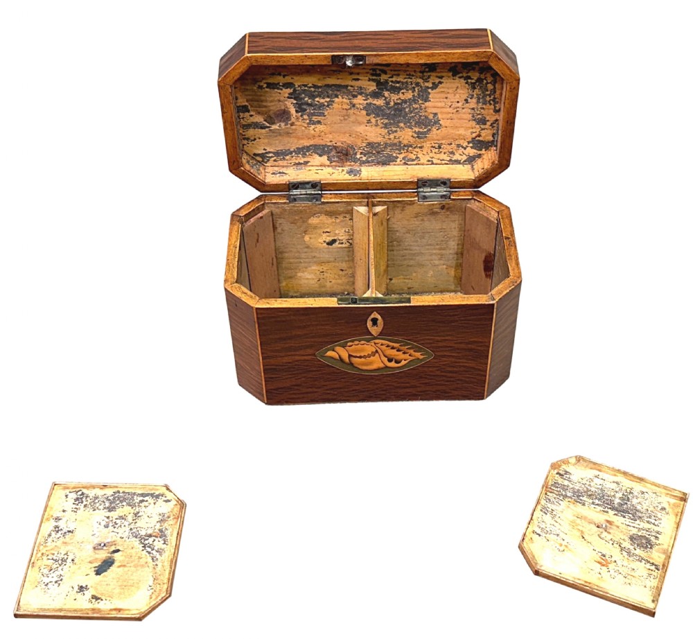 An octagonal wooden tea caddy in warm brown timber featuring marquetry shell inlays on the top and front panel with fine edge stringing. View V