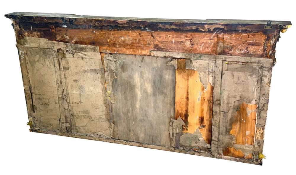 A wide Regency giltwood overmantel mirror featuring three mirror plates, ball moulding along the top cornice, central carved shell frieze, and black Egyptian head pilasters. View XI