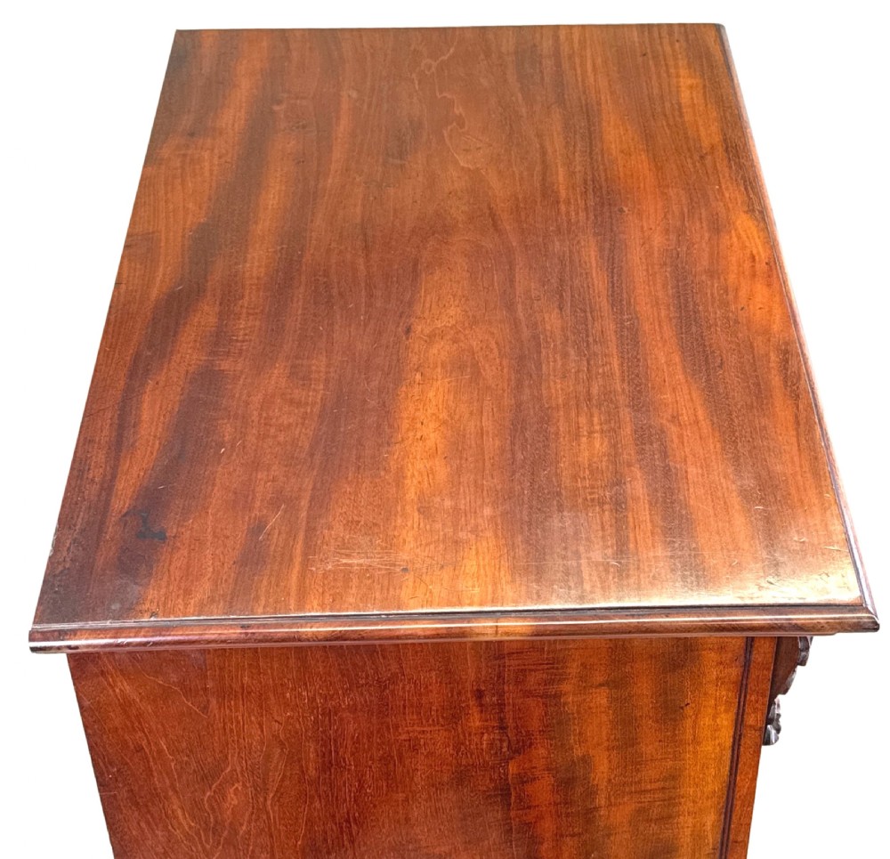 A tall Regency mahogany Wellington chest featuring seven stacked drawers with turned wooden handles, carved acanthus details, and a plinth base. View VIII