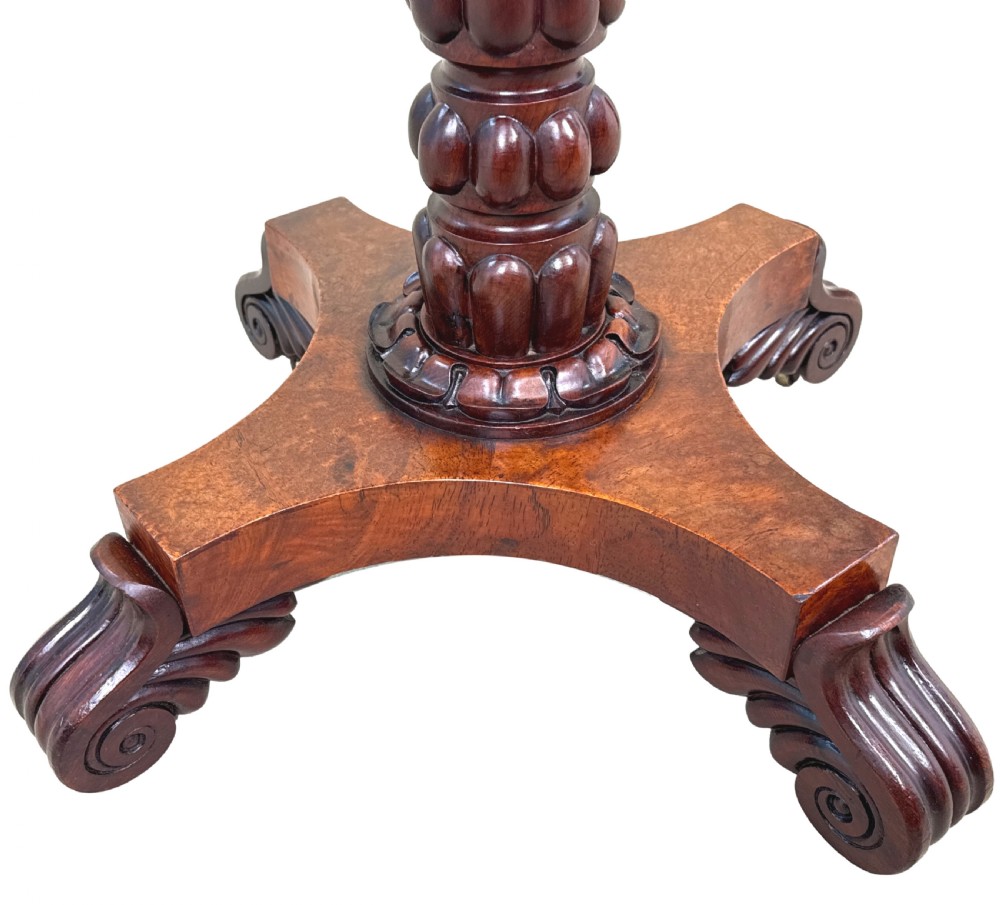 A nineteenth-century octagonal specimen wood occasional table featuring a geometric inlaid tabletop supported by a turned column and carved base. View VIII