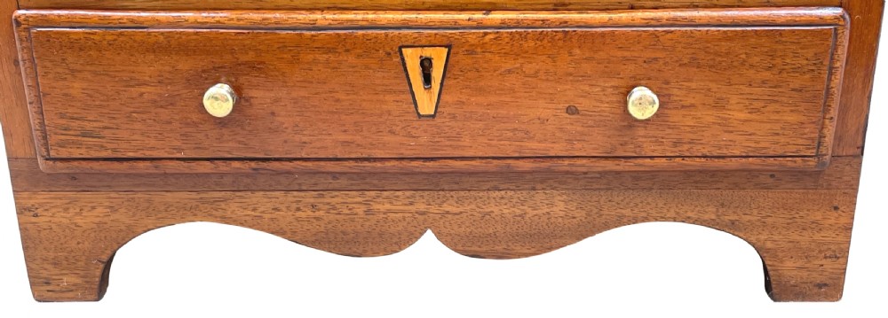A small Georgian mahogany miniature chest featuring three drawers with brass knob handles, diamond-shaped escutcheons, and a shaped apron. View VII