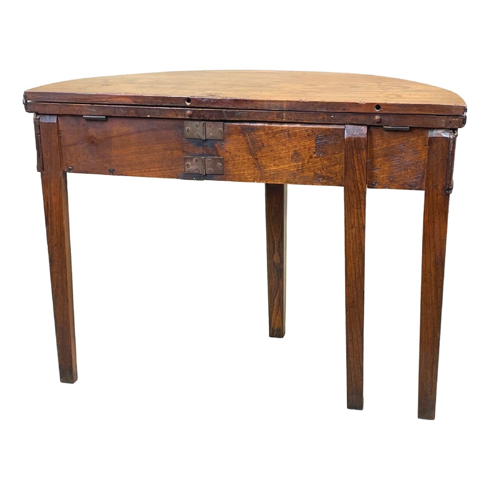 A Georgian elm demi-lune tea table displaying rich wood grain, a fold-over top, and square tapered legs. View V