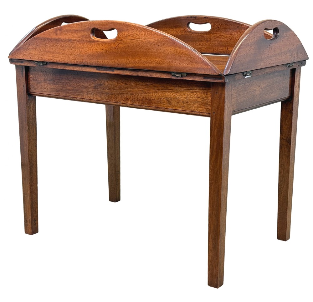 A Georgian mahogany oval butler tray table featuring brass-hinged drop sides with cut-out hand-grips resting on four square legs. View X